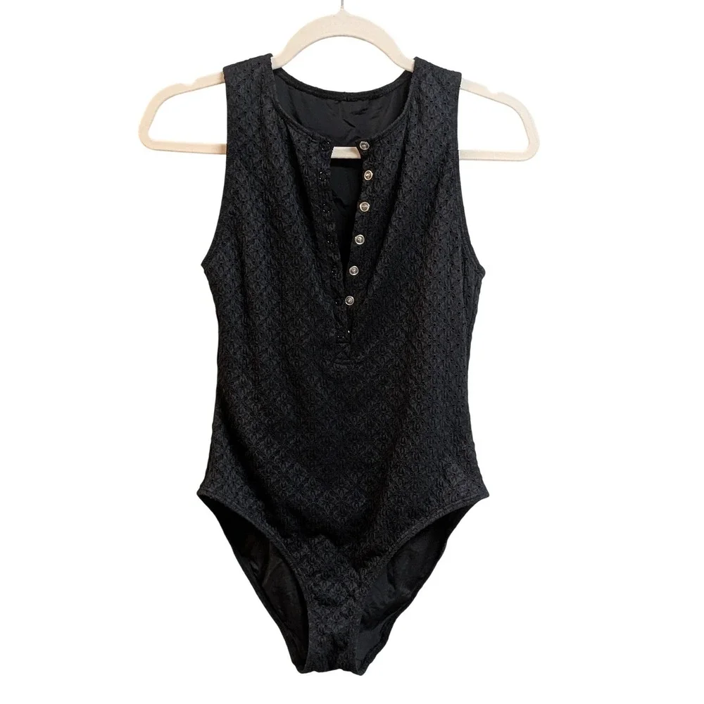 Andie Swim The Malibu Eyelet One Piece Swimsuit Black Henley Snap Front Approx S - Picture 5 of 12